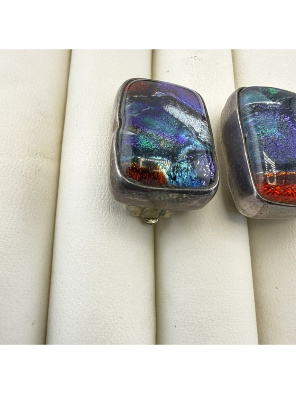 Charles Albert Earrings Dichroic Art Glass Sterling Silver Clip On 18g Colorful - Picture 3 of 13